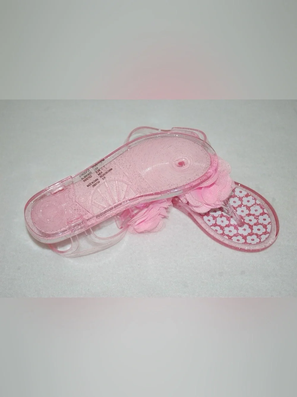 Girls Pink Glitter Jelly Sandals Flower Velcro Flip Flops Size 10